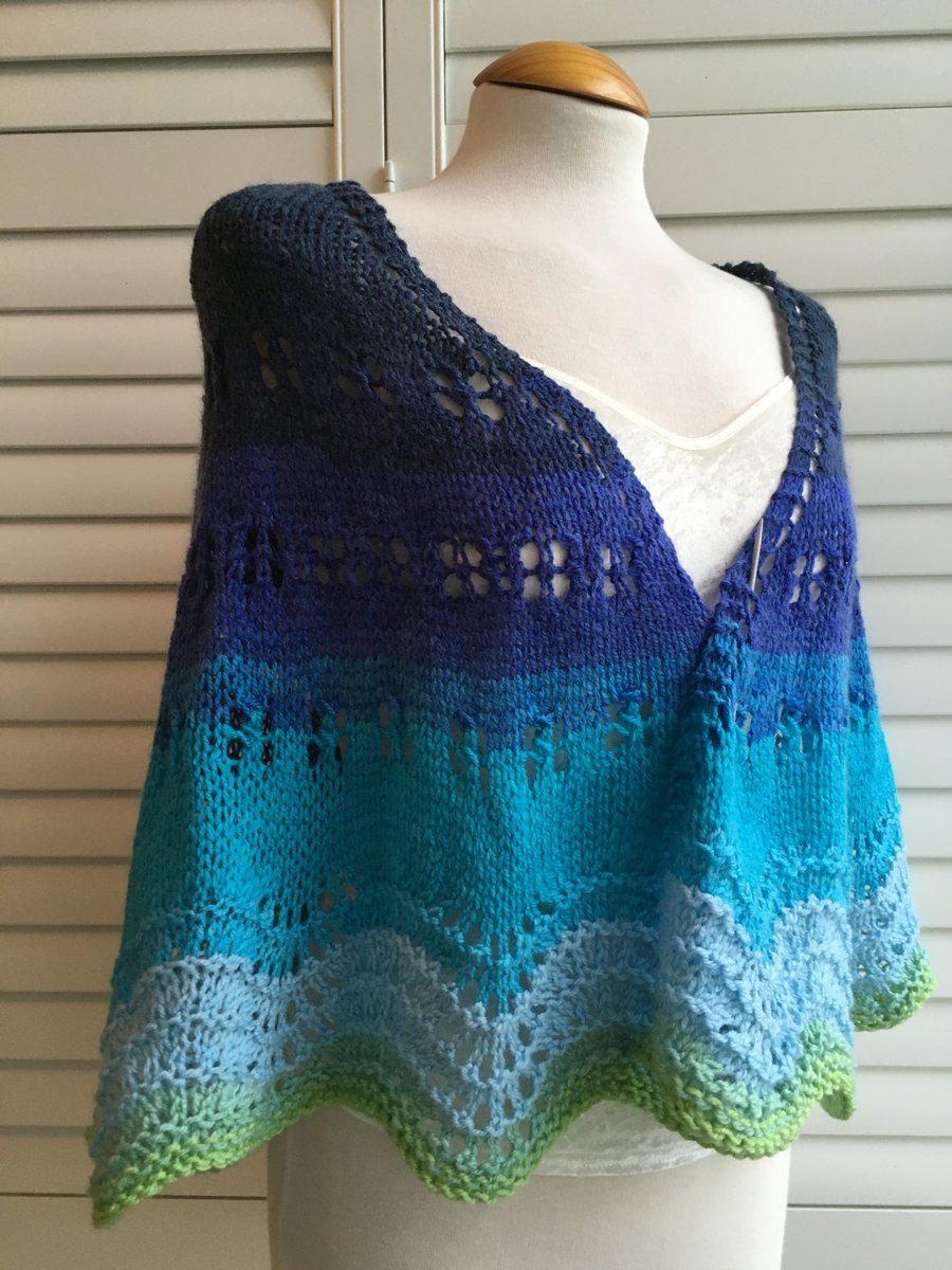 One off Sea Inspired Hand Knitted Crescent Lace Shawl 