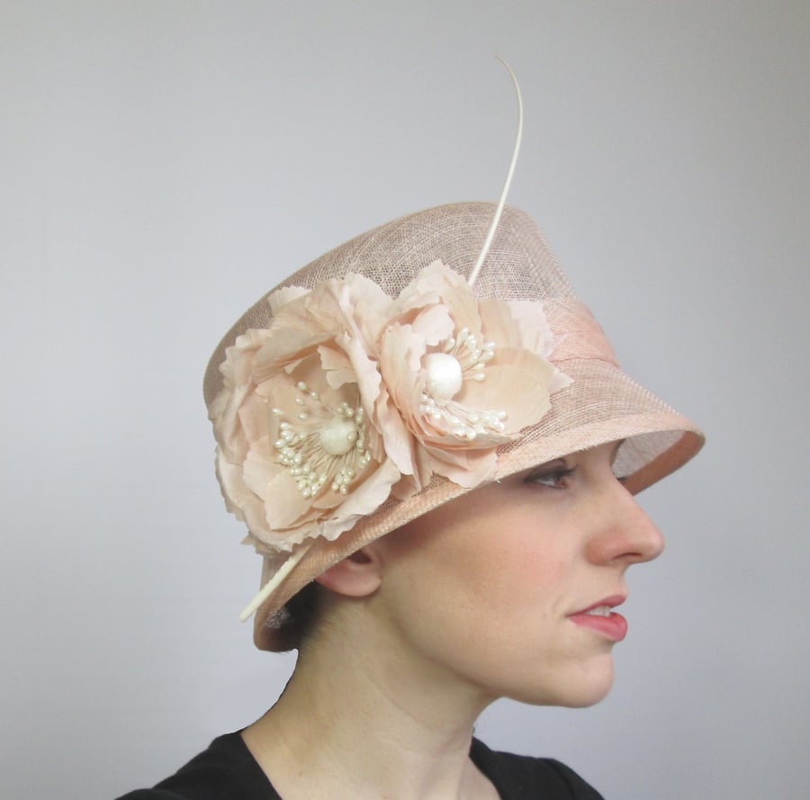 Summer Wedding Hat - Peach Occasion Hat, Cloche, Ladies Formal Hat