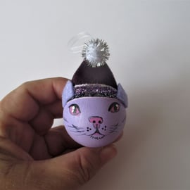 SALE Cat Christmas Tree Bauble Hanging Decoration Santa Hat Purple and Lilac