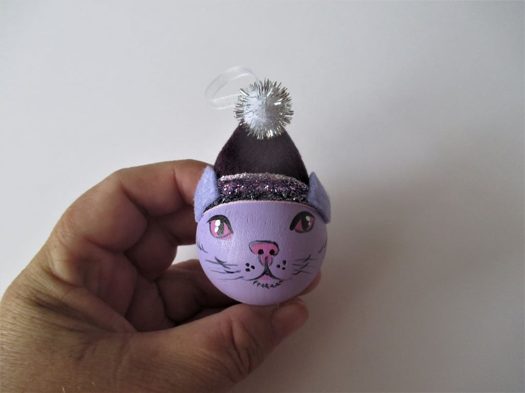 SALE Cat Christmas Tree Bauble Hanging Decoration Santa Hat Purple and Lilac
