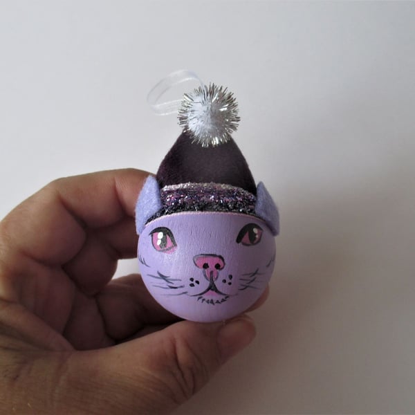 SALE Cat Christmas Tree Bauble Hanging Decoration Santa Hat Purple and Lilac