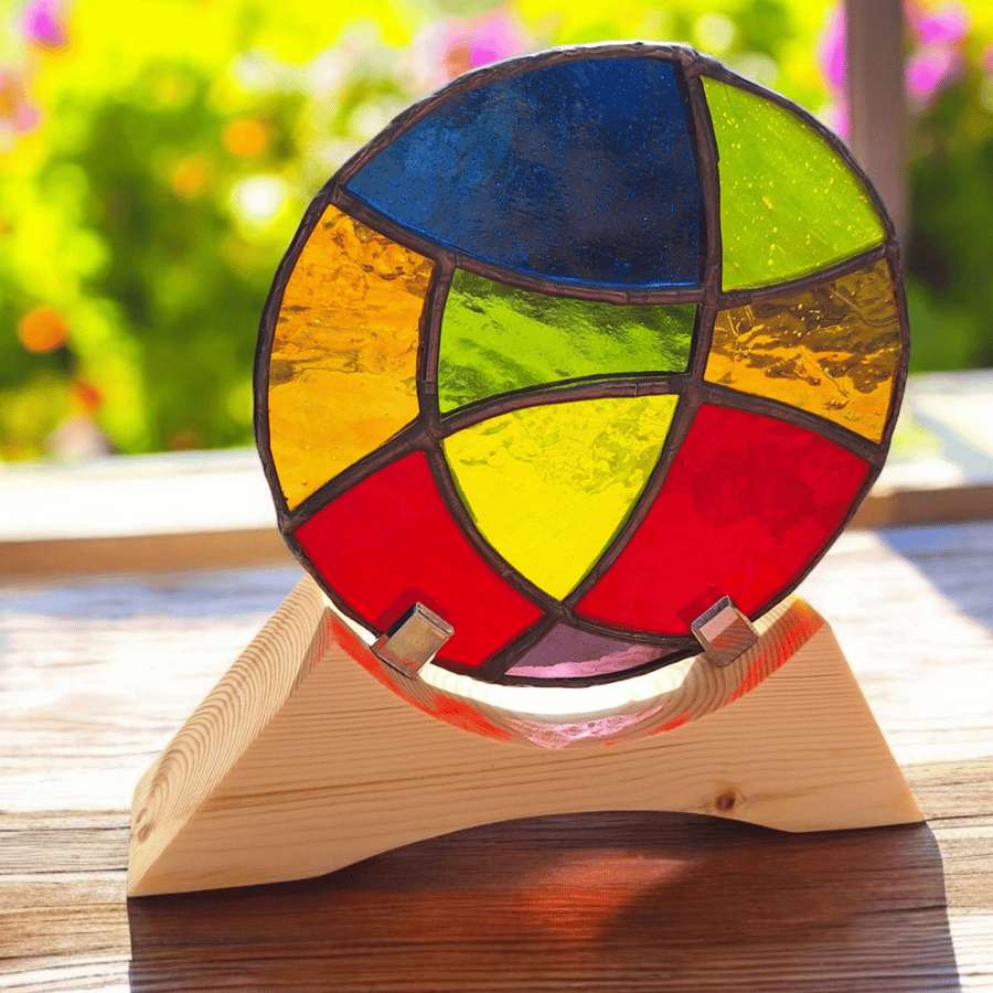 Colourful Handmade Stained Glass Ornament with Wooden Stand. Window Display Gift