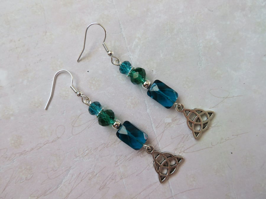 Silver Tone Celtic Triquetra Knot & Crystal Beaded Earrings 