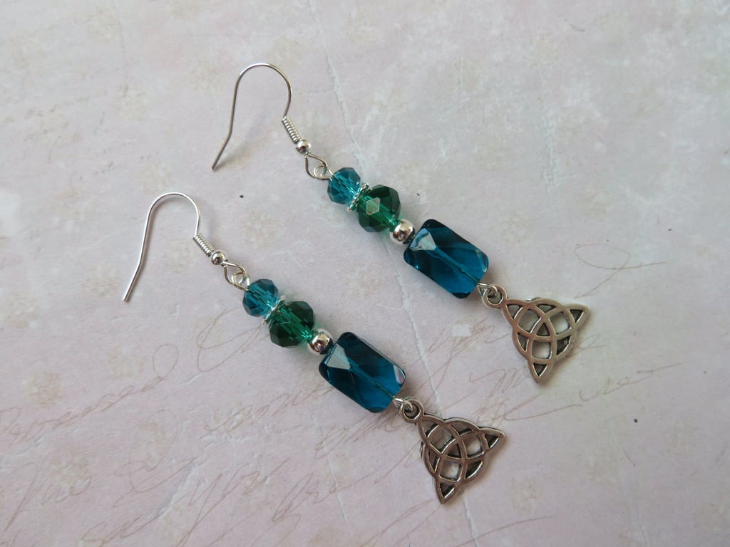 Silver Tone Celtic Triquetra Knot & Crystal Beaded Earrings 