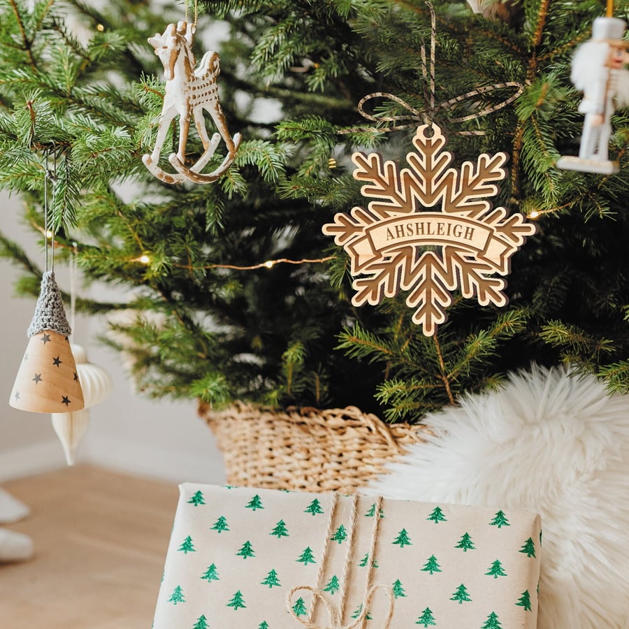 Personalised Snowflake Christmas Ornament Custom Name Rustic Xmas Home Decor
