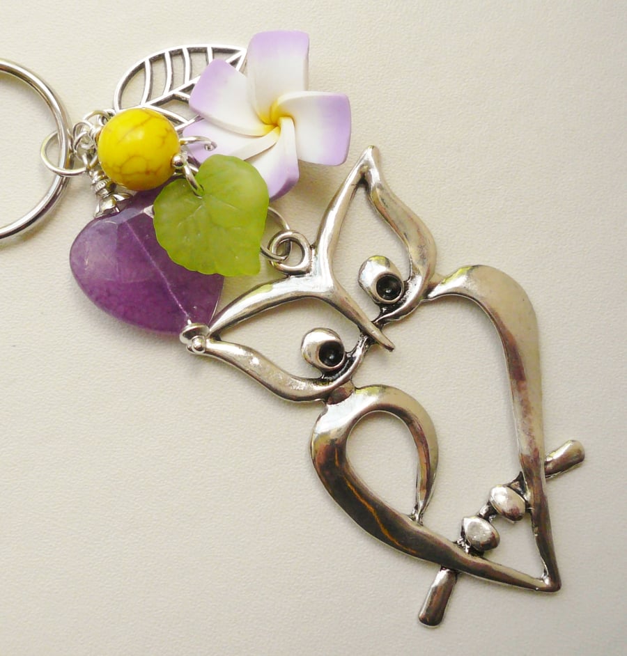 Purple Agate, Yellow, Green Tibetan Silver Owl Keyring Bag Charm  KCJ1468