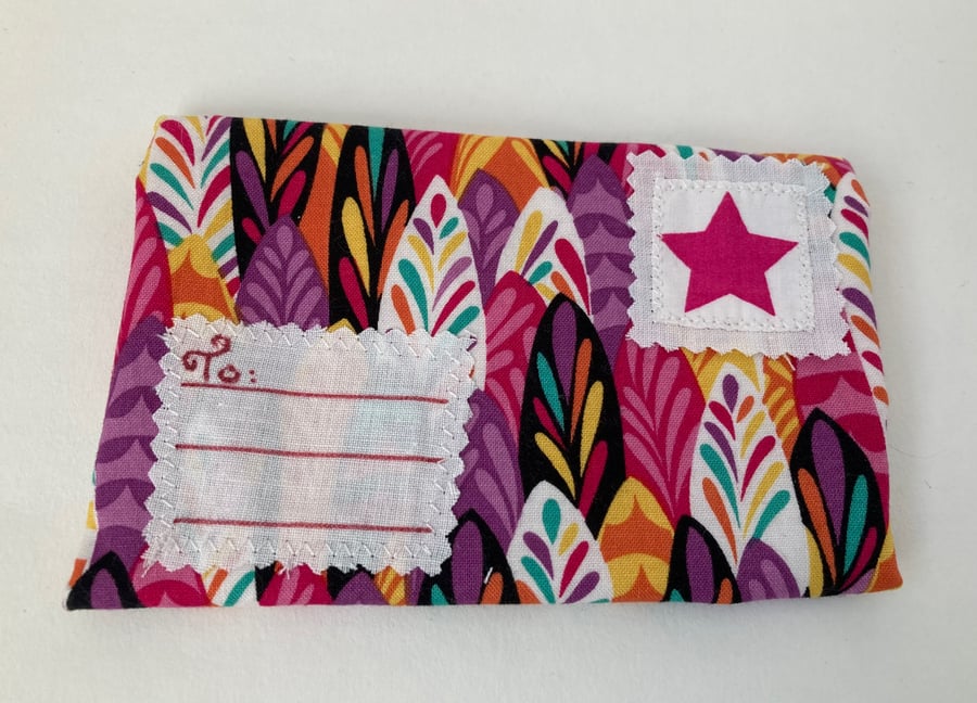 Gift envelope,  hand stitched. For small gifts or money. Pink feather design