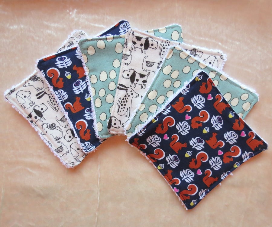 Reusable face pads. Cotton face pads. Animal designs.  Set of six.