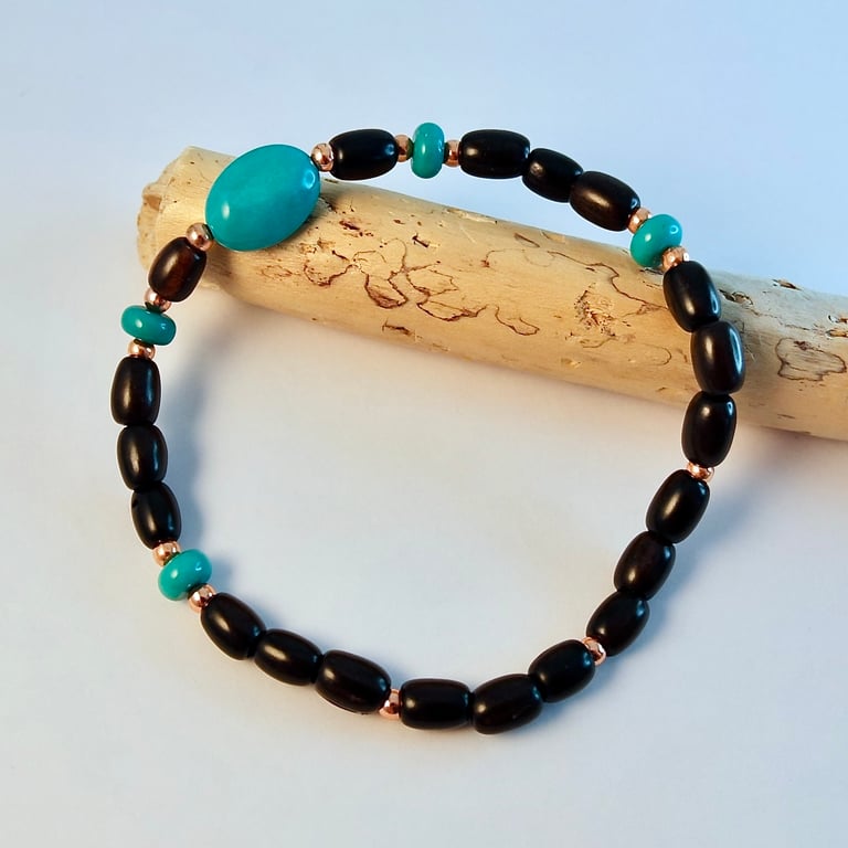 Turquoise & Tiger Ebony Bracelet - Large Wrist, Men's Birthday, Anniversary Gift