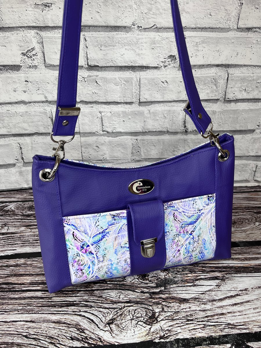 Purple handbag. Shoulder Bag in multi purple faux leather