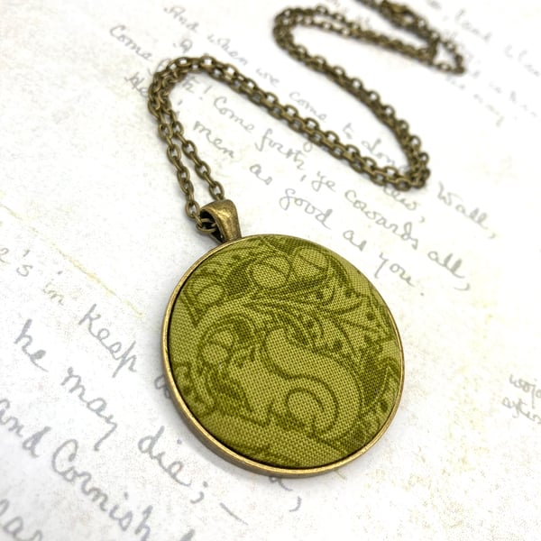 Squirrel and oak tree olive green fabric button pendant antique bronze