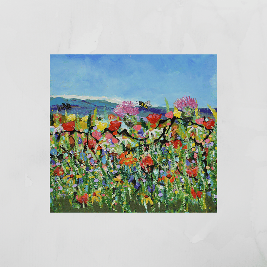 A Colourful Painting of Wildflowers & a Bee. Scotland. Ready to Hang.