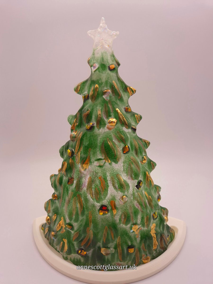 Handmade Fused Glass 3D Green Christmas Tree Candle Holder. with Gold