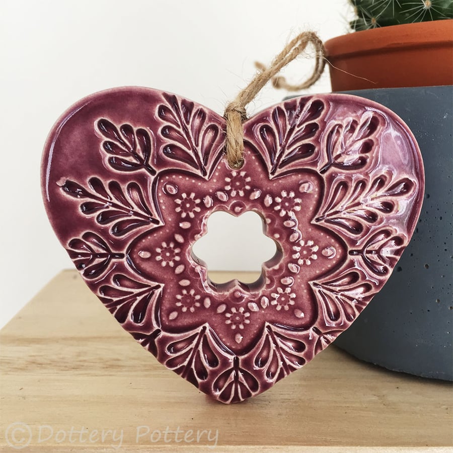 Ceramic heart hanging decoration Pottery Heart Folk art love heart PLUM