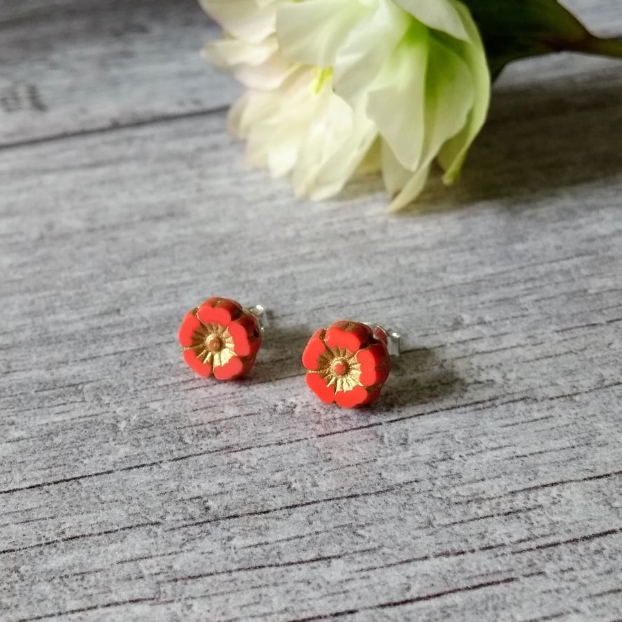 Flower Earrings - Coral and Gold Earrings - Silver Earrings - Stud Earrings