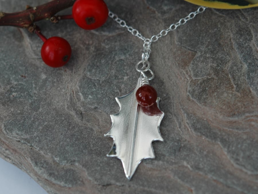 Sterling Silver Holly Leaf and Berry Pendant with Carnelian Gemstone, P140B