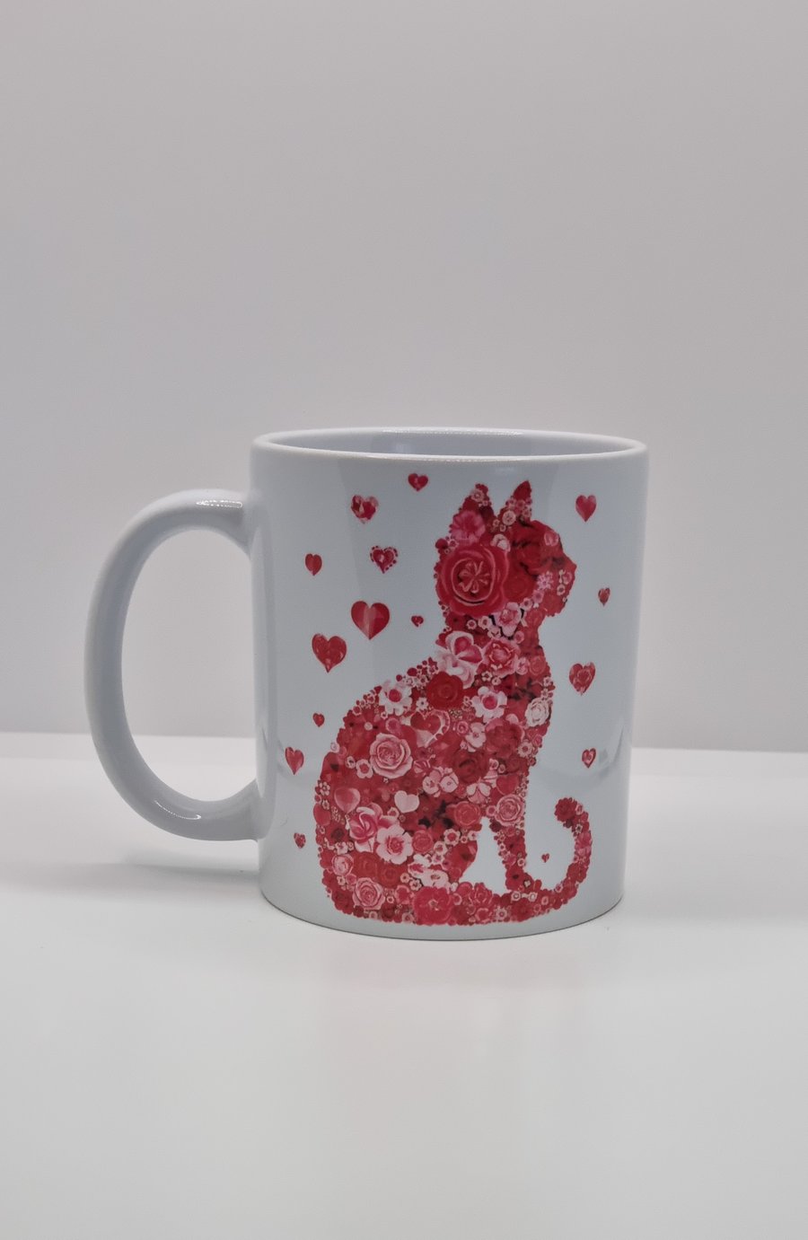 Cat Mug hearts & flowers