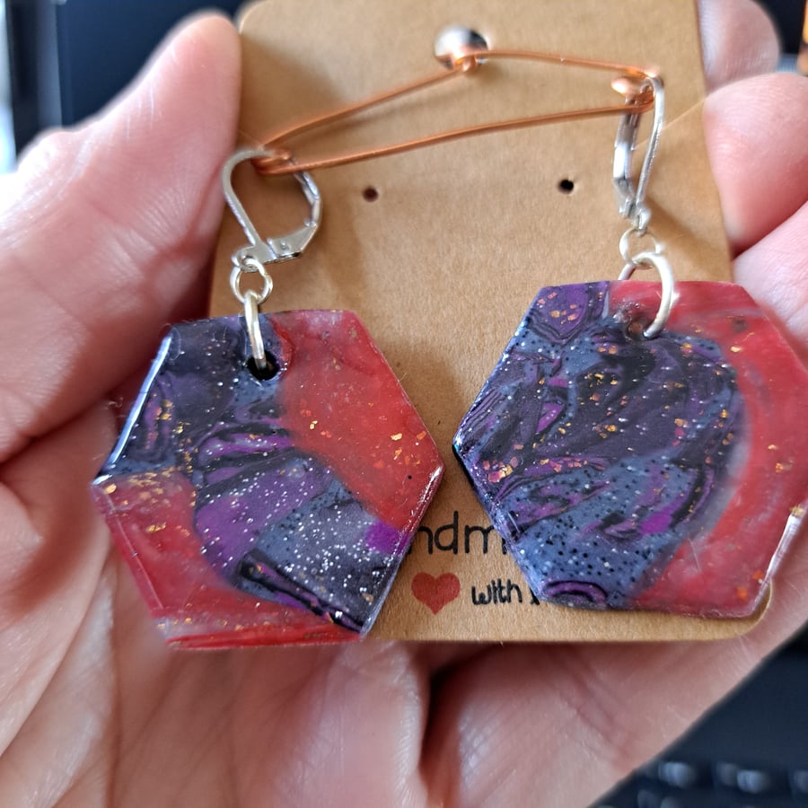 Earrings, Sparkly hexagon, red, purple, grey, black, dangle