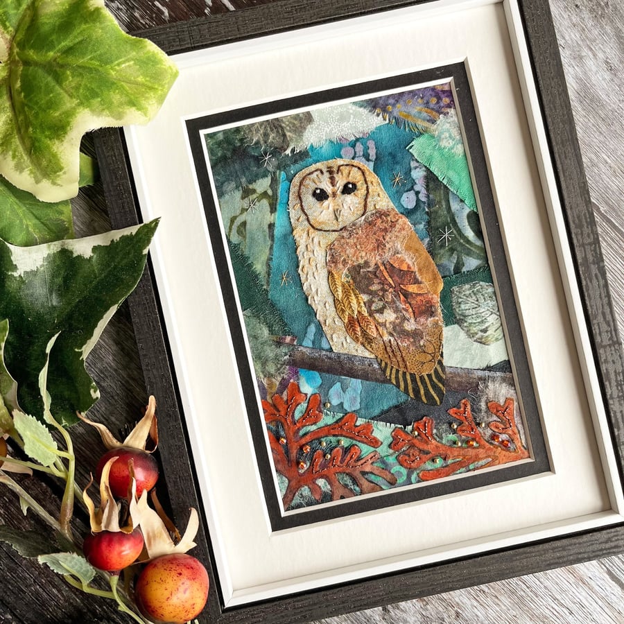 Mixed media picture of tawny owl - gift for owl lover