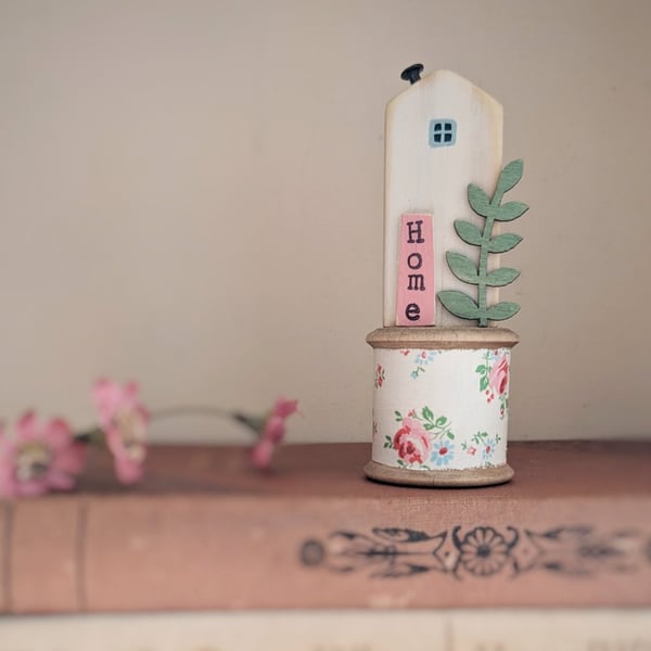 Little Wooden House on a Vintage Bobbin 'Home' 
