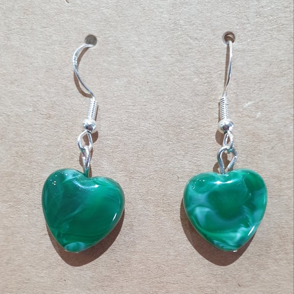 Acrylic Green Heart Dangle Earrings on 925 Silver-Plated Ear Wires