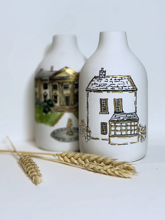 Hand-painted Wedding venue or house illustration bud vase 