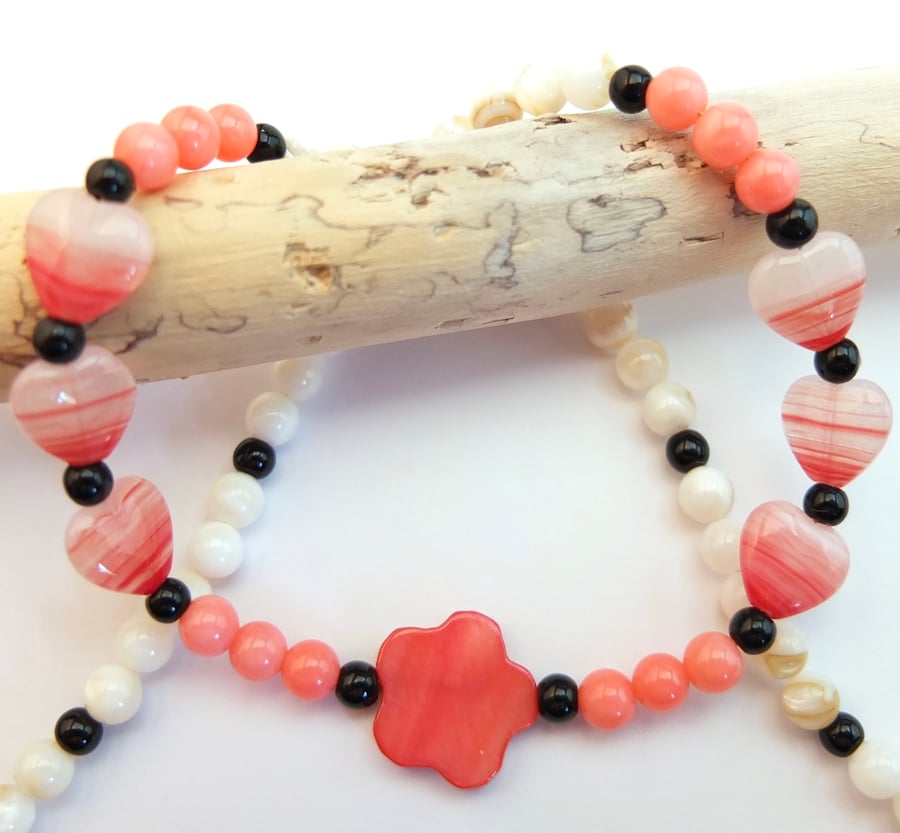 MOP Flower & Glass Hearts Set In Pink Coral, Onyx And Shell - Seconds Sunday.
