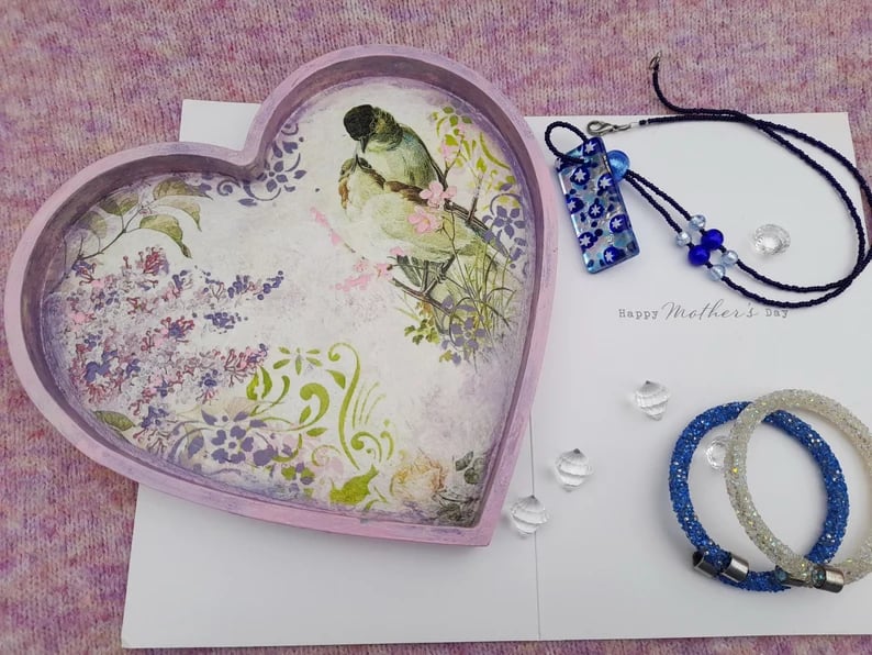 Heart Jewellery Tray - Blue Bird Floral Trinket Dish - FREE UK POST