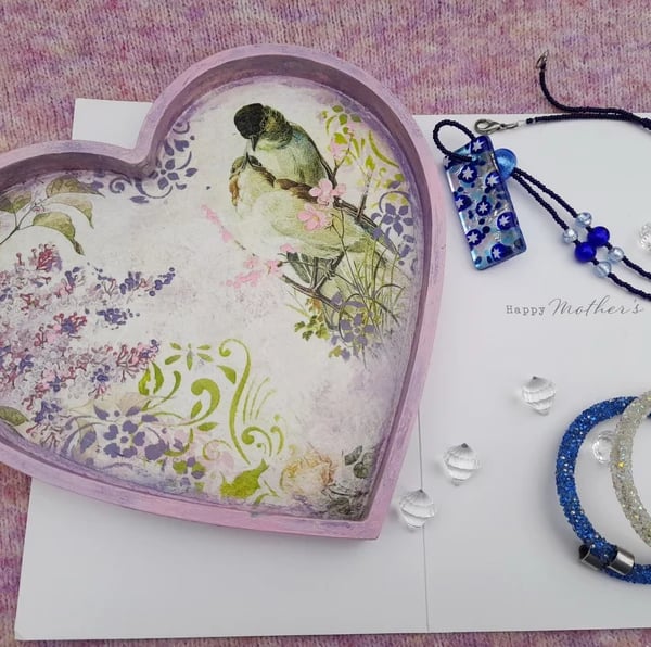 Heart Jewellery Tray - Blue Bird Floral Trinket Dish - FREE UK POST