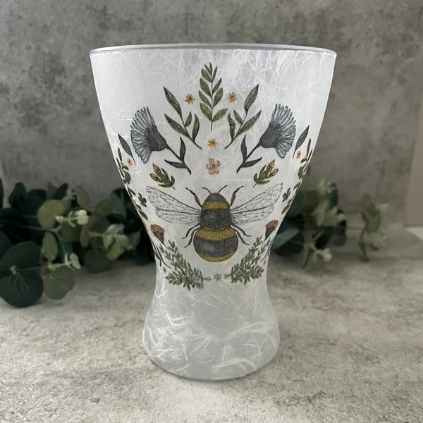 Decoupage Large Glass Vase: Bee, Floral Home Decor, Upcycled