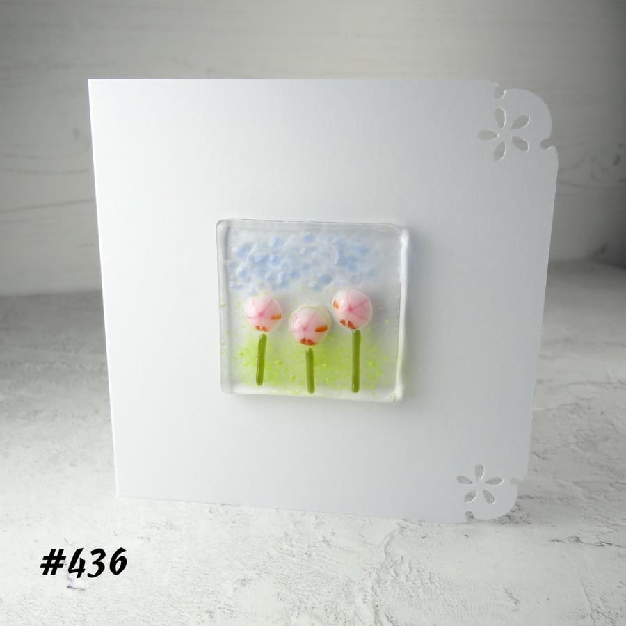 Pink flowers handcrafted fused glass blank card (436)