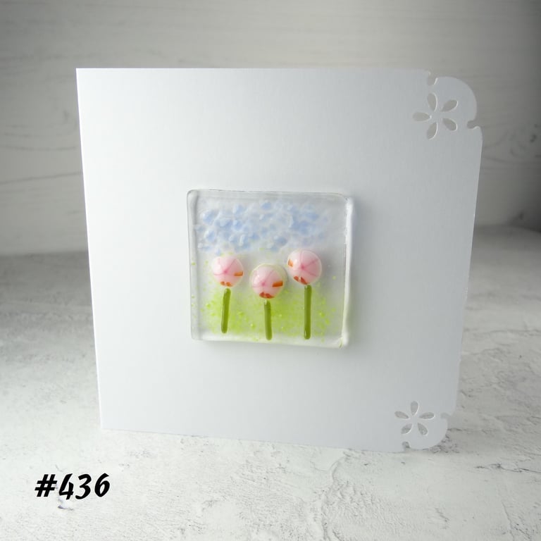 Pink flowers handcrafted fused glass blank card (436)