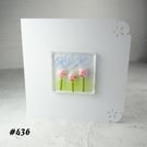 Pink flowers handcrafted fused glass blank card (436)