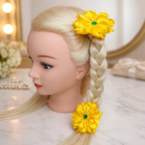 Pair of Bright Yellow Satin Ribbon Flower Hair Ties – Handmade "Sunflower"