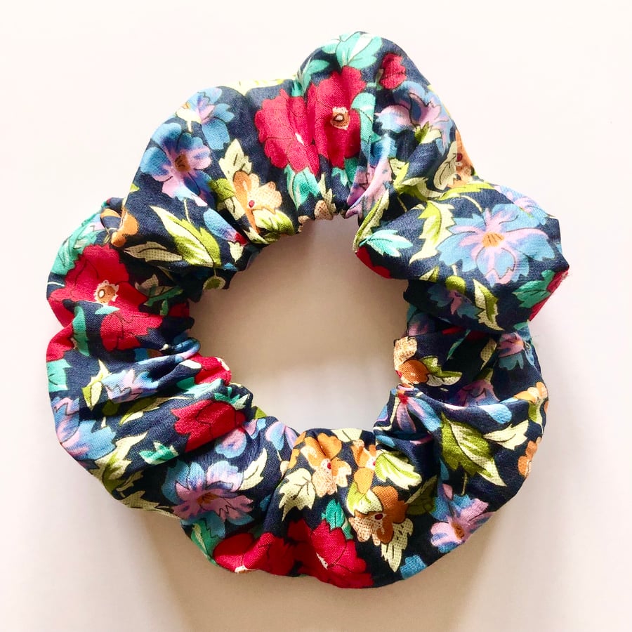Navy Blue Floral Scrunchie