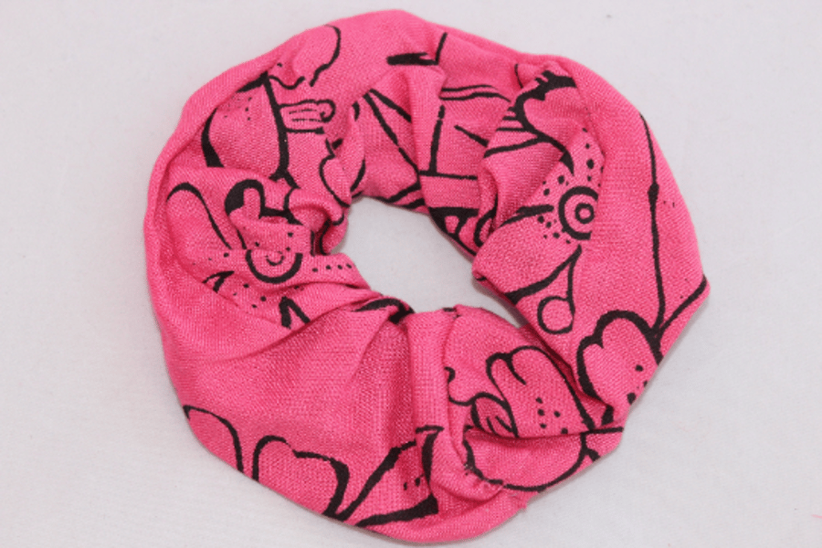 Pink hair scrunchie,hair tie,pink and black floral hand printed.gift