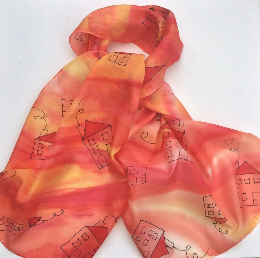 Little Houses Red and Yellow  hand painted silk scarf