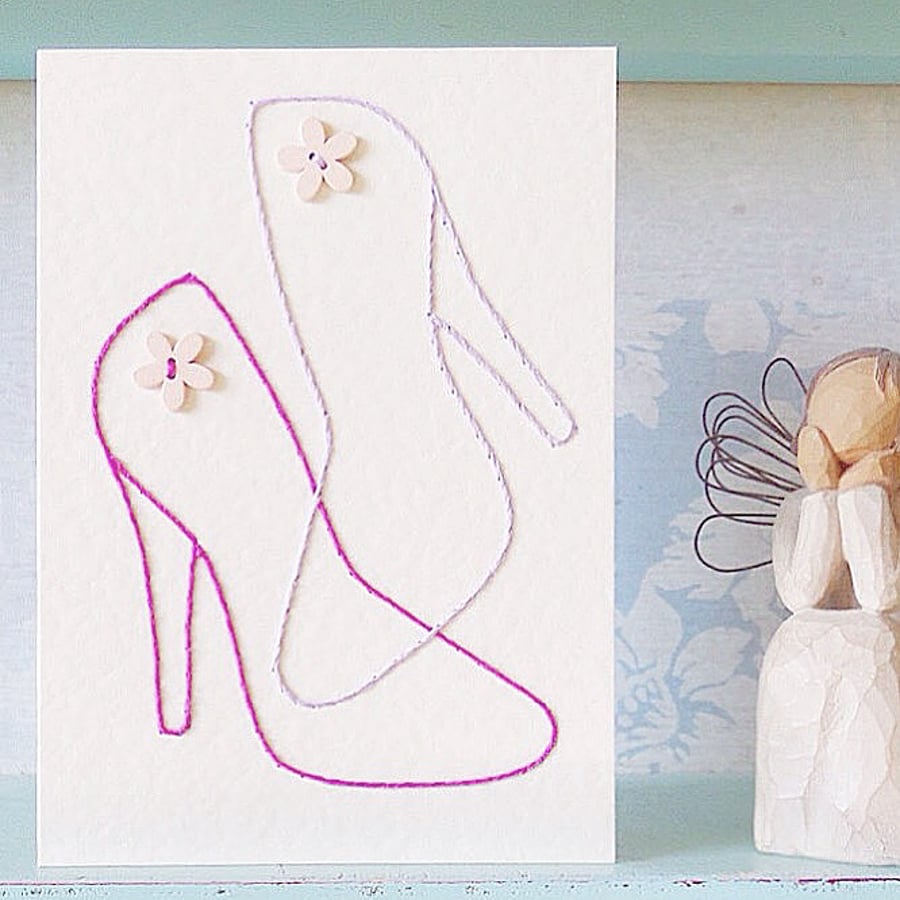 Shoes Card. Hand Sewn Card. Fashion Card. Embroidered Card. Blank Card. 