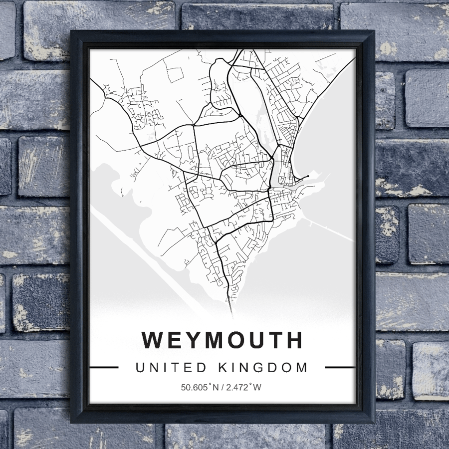 Map of WEYMOUTH, Cityscape Poster, Black and White City Map, Framed Wall Art