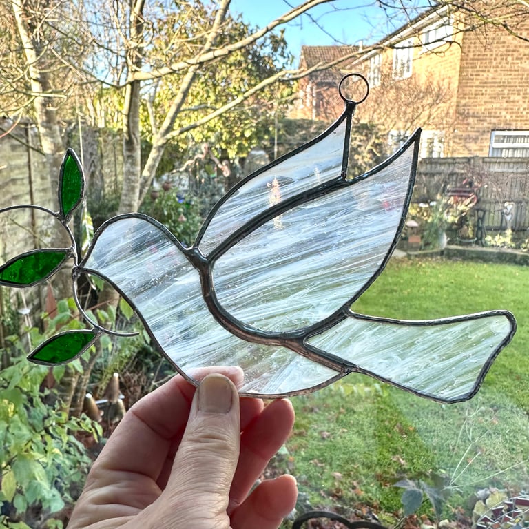 Stained Glass Peace Dove Suncatcher - Handmade Hanging Window Decoration - White