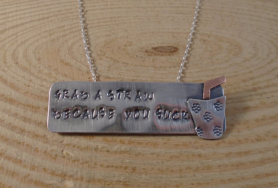 Sterling Silver and Copper Stamped 'You Suck' Insult Necklace
