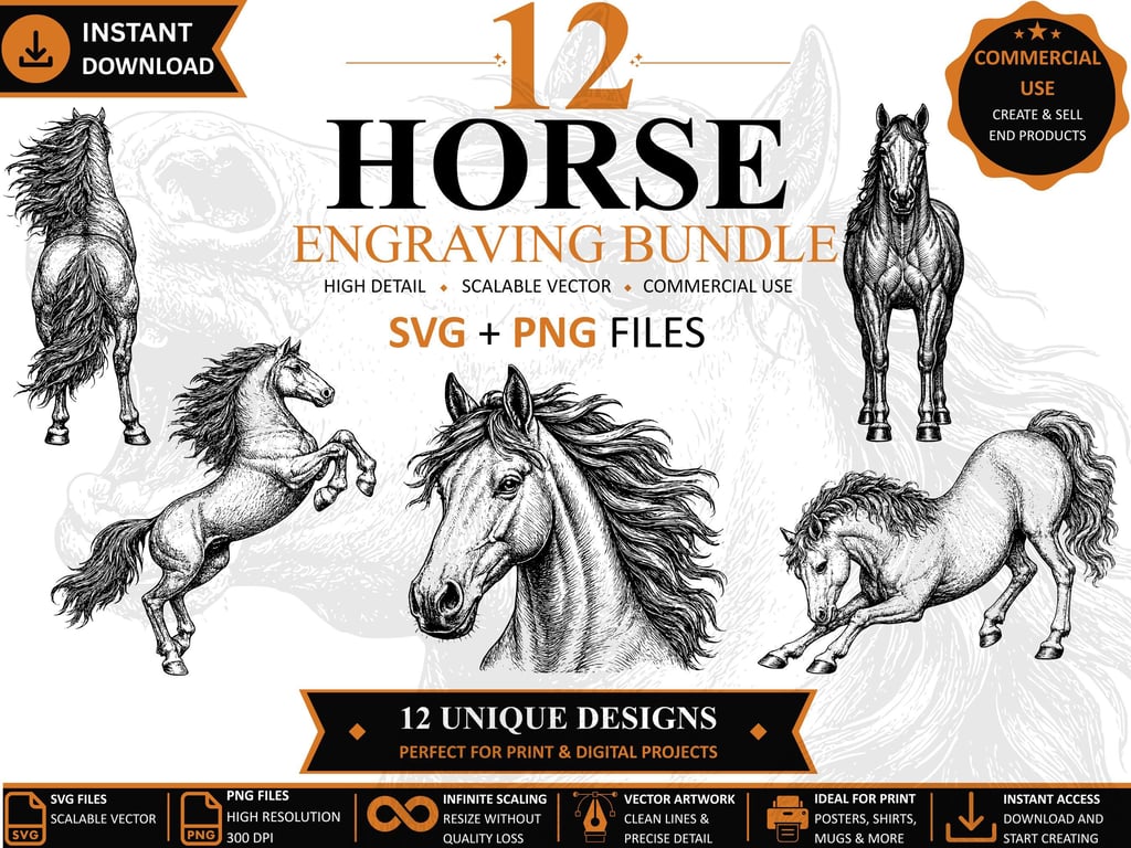 12 Vintage Horse Engraving SVGs Wildlife Clipart Bundle (Digital Download)