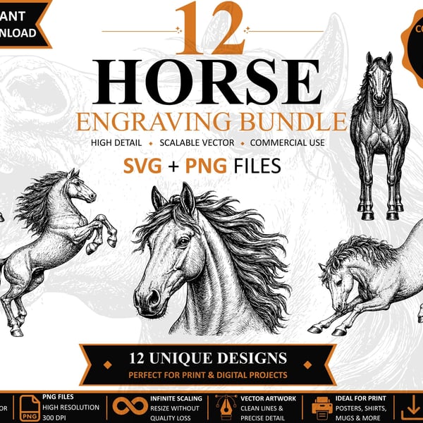 12 Vintage Horse Engraving SVGs Wildlife Clipart Bundle (Digital Download)