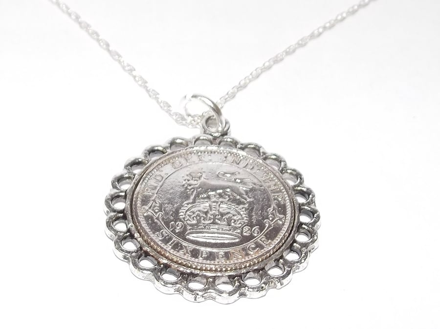 Fine Pendant 1926 Lucky sixpence 98th Birthday plus a Sterling Silver 18in Chain