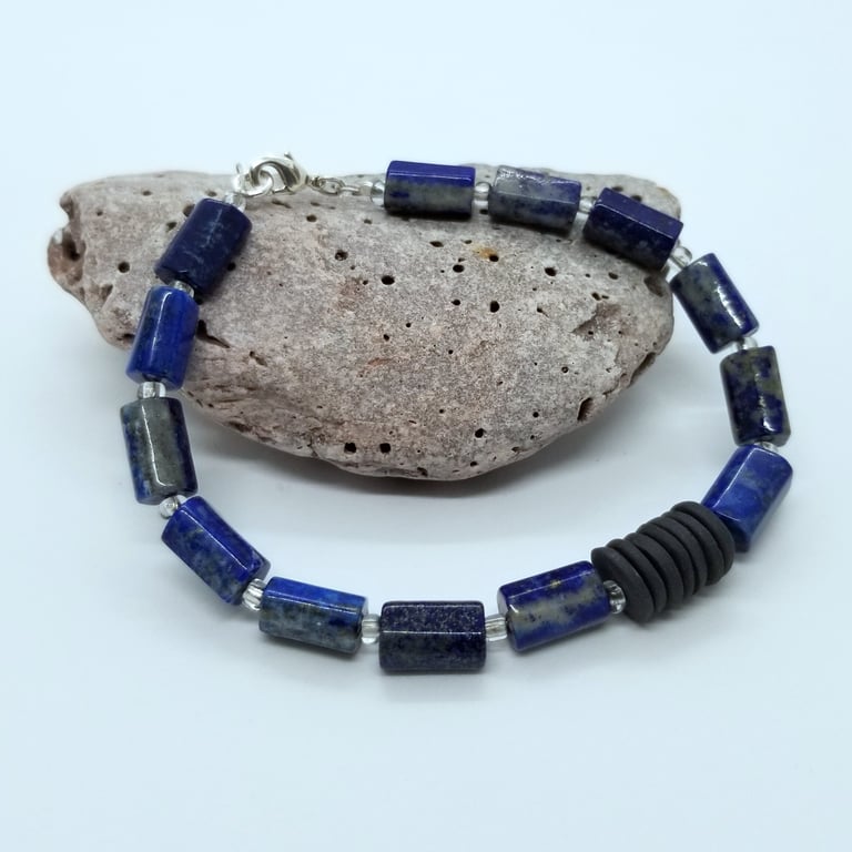 Blue Gemstone Lapis Lazuli & Porcelain Bracelet & Sterling Silver Clasp
