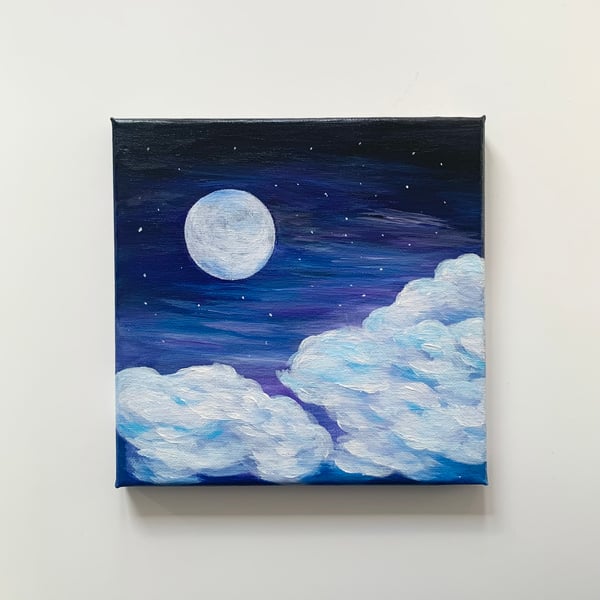 Original acrylic landscape night sky painting with full moon