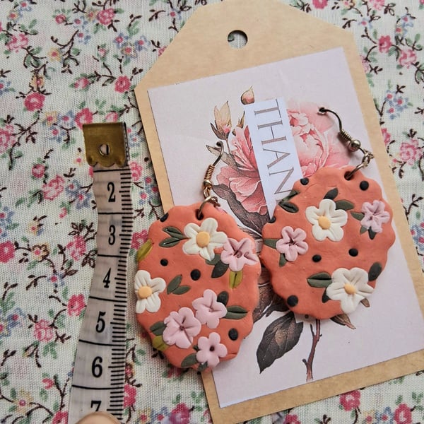 CLEARANCE! polymer clay earrings handmade- reduced-peach floral oval