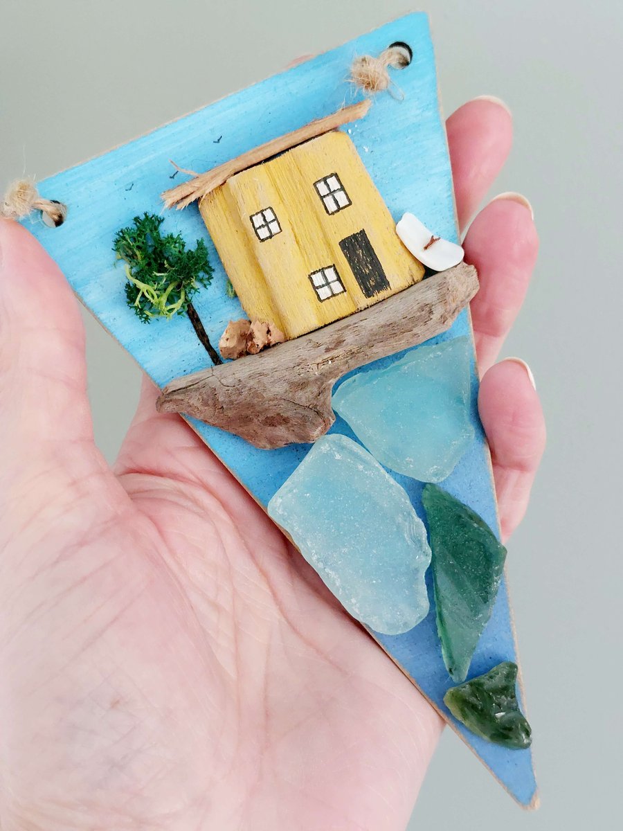 Driftwood and Sea Glass Yellow Painted House - Rustic Sustainable Hanging Art