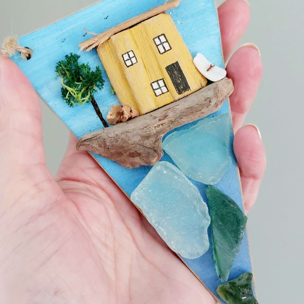 Driftwood and Sea Glass Yellow Painted House - Rustic Sustainable Hanging Art