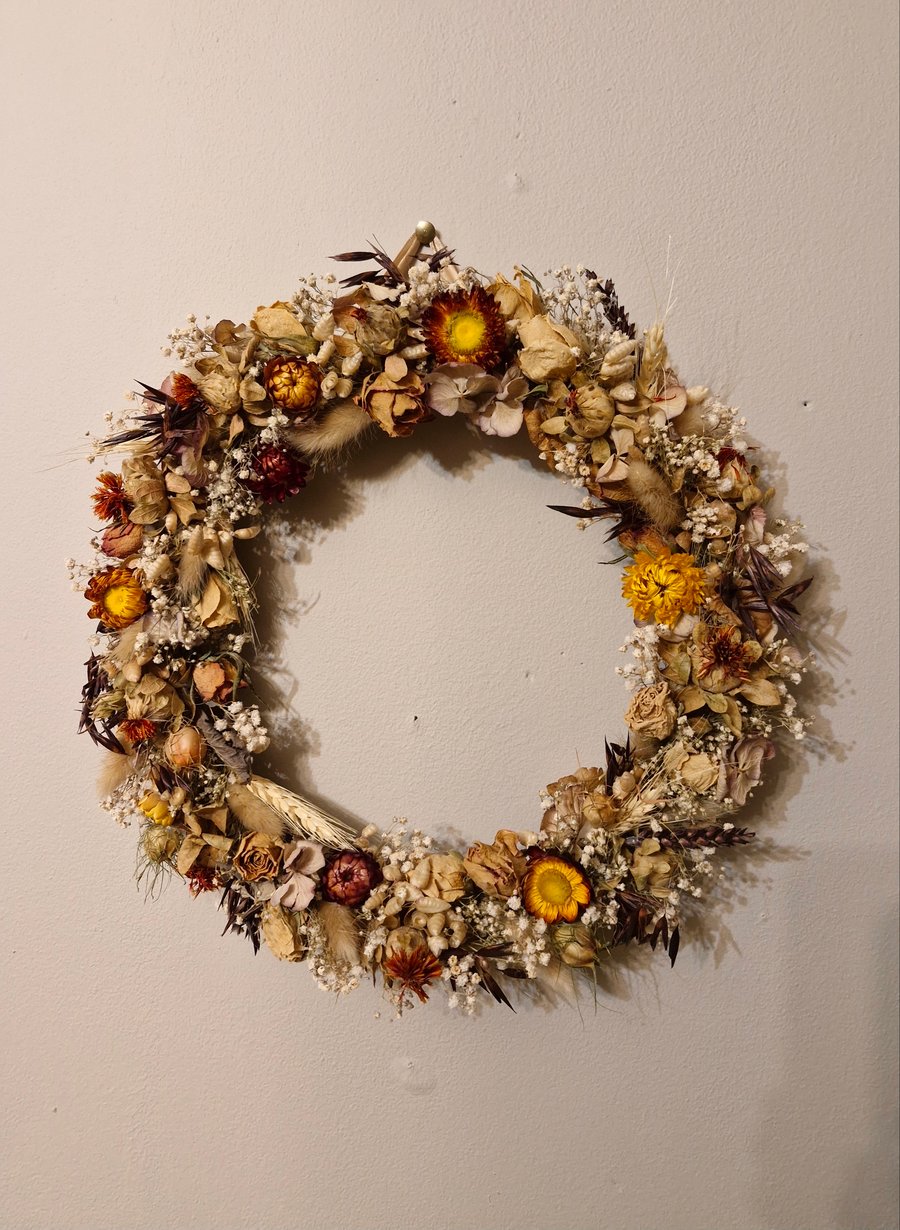 Rustic Dried Flower Wreath, Natural Mix, 35cm. Grasses, Roses.